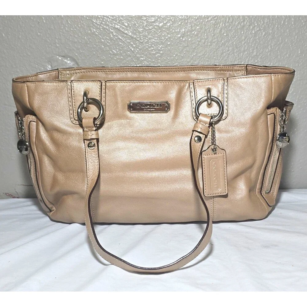 Coach Madison Beige Taupe Leather Tote Bag Zip Top Pink Lining Silver Charm [083